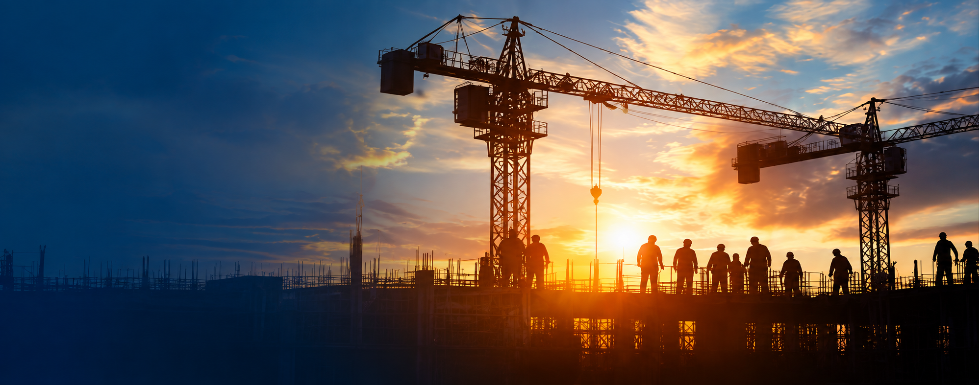 Tower cranes and the TOJAX construction team silhouetted against a sunset sky