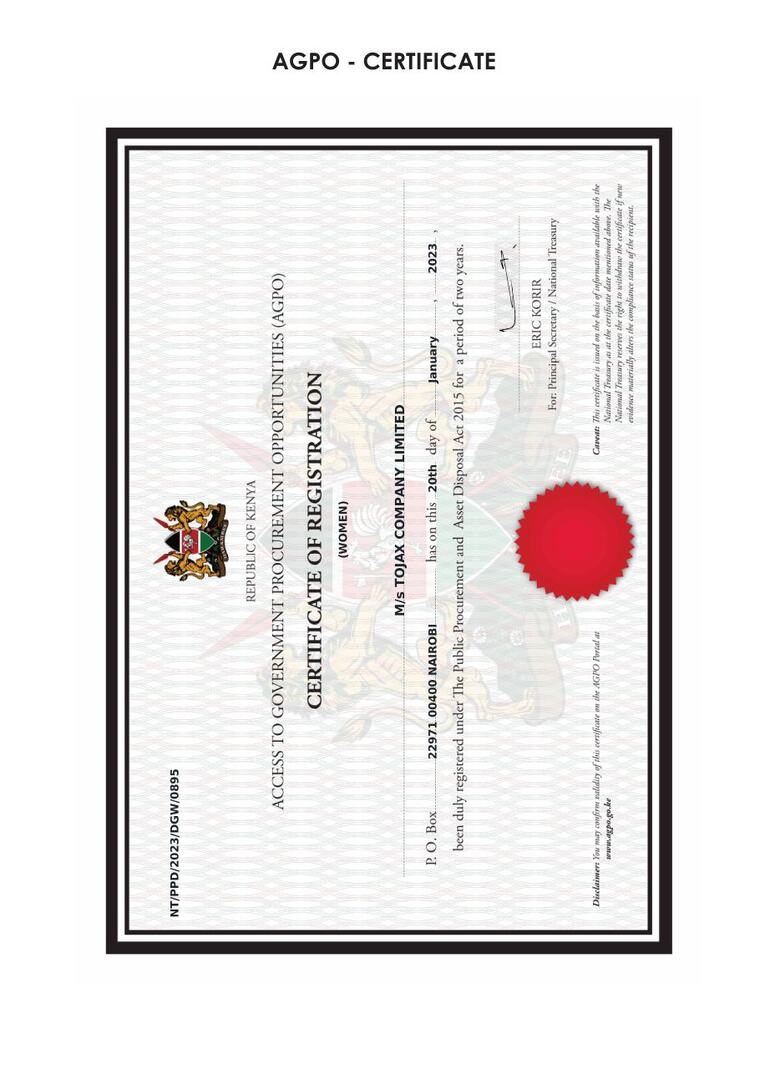 TOJAX Company Ltd AGPO Certificate of Registration