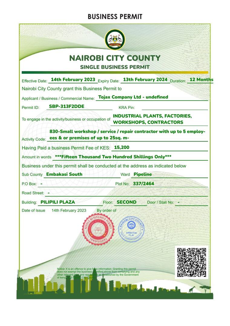 TOJAX Company Ltd Nairobi City County Business Permit
