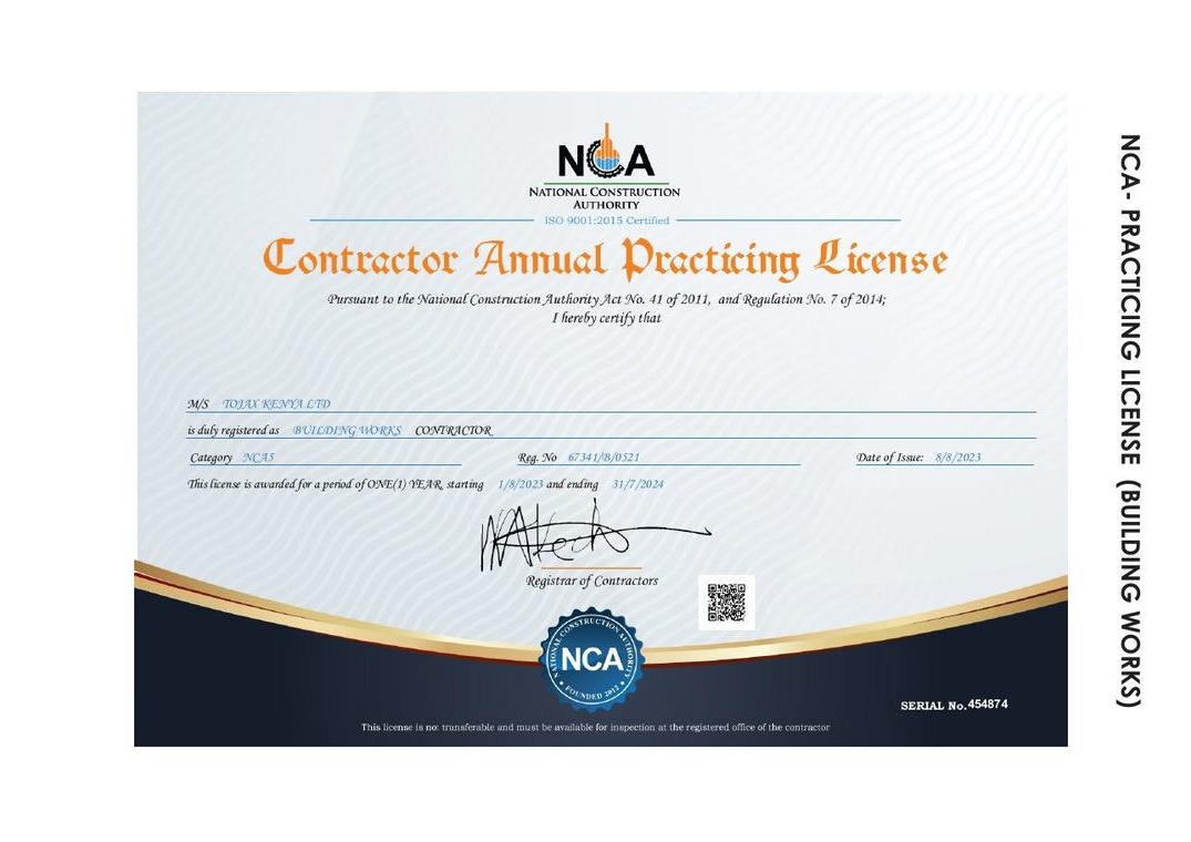 TOJAX Company Ltd NCA Contractor Practicing Licence — Building Works