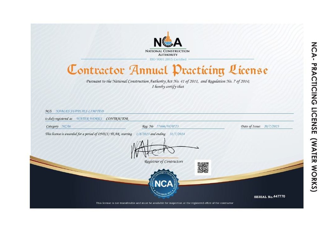 TOJAX Company Ltd NCA Contractor Practicing Licence — Water Works