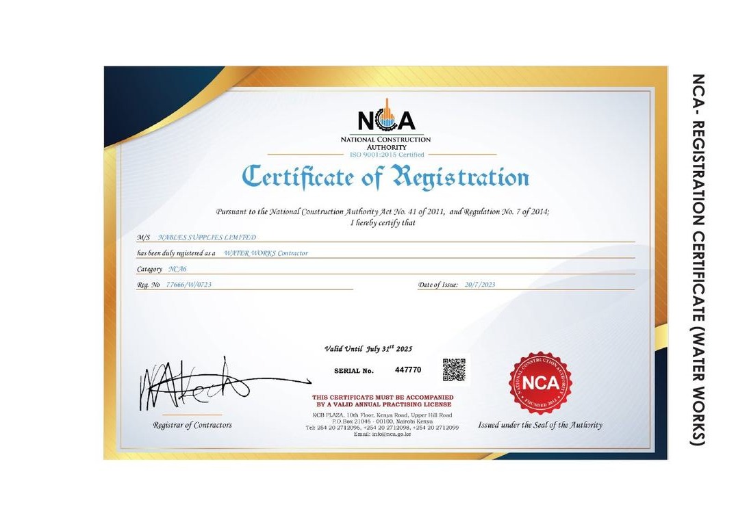 TOJAX Company Ltd NCA Certificate of Registration — Water Works