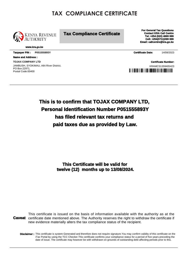 TOJAX Company Ltd Tax Compliance Certificate